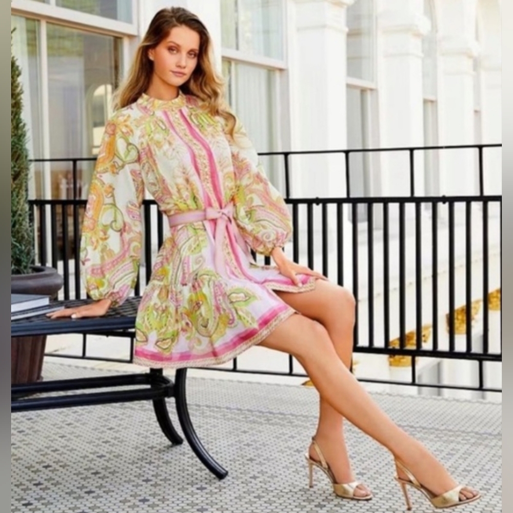 ANTONIO MELANI Pink and Green Paisley Mini Dress